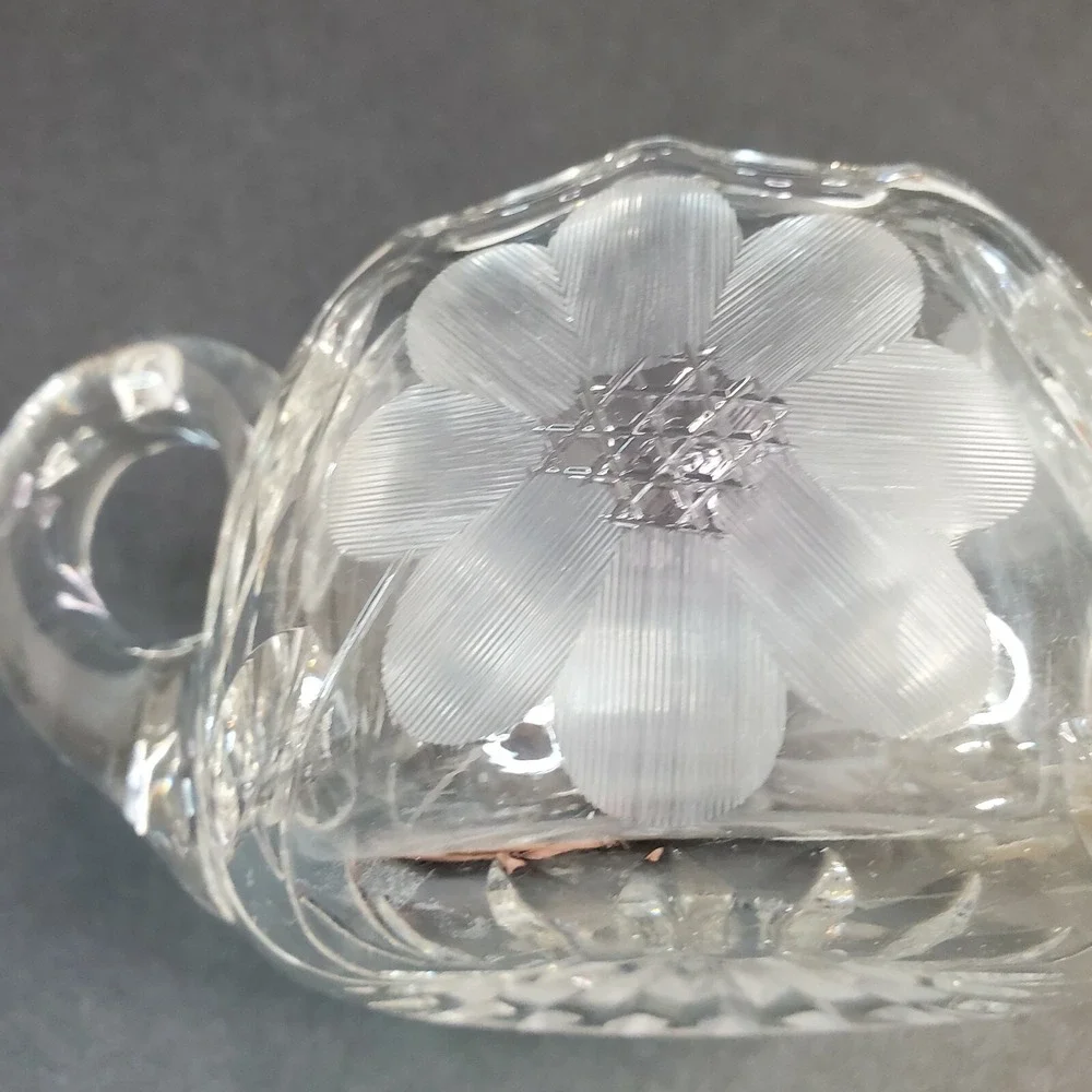 Cut Clear Glass Etched Frosted Flower Double Handled Open Sugar Bowl Heavy